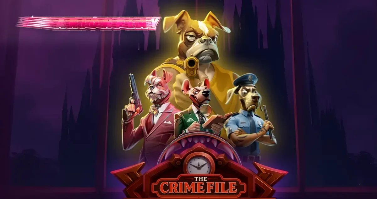 Isang noir-inspired na slot machine na may mga canine detective at madilim na city background.